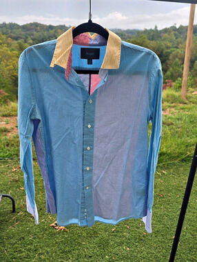 Faconnable Gingham Button Down Shirt in Blue & Red Size 10